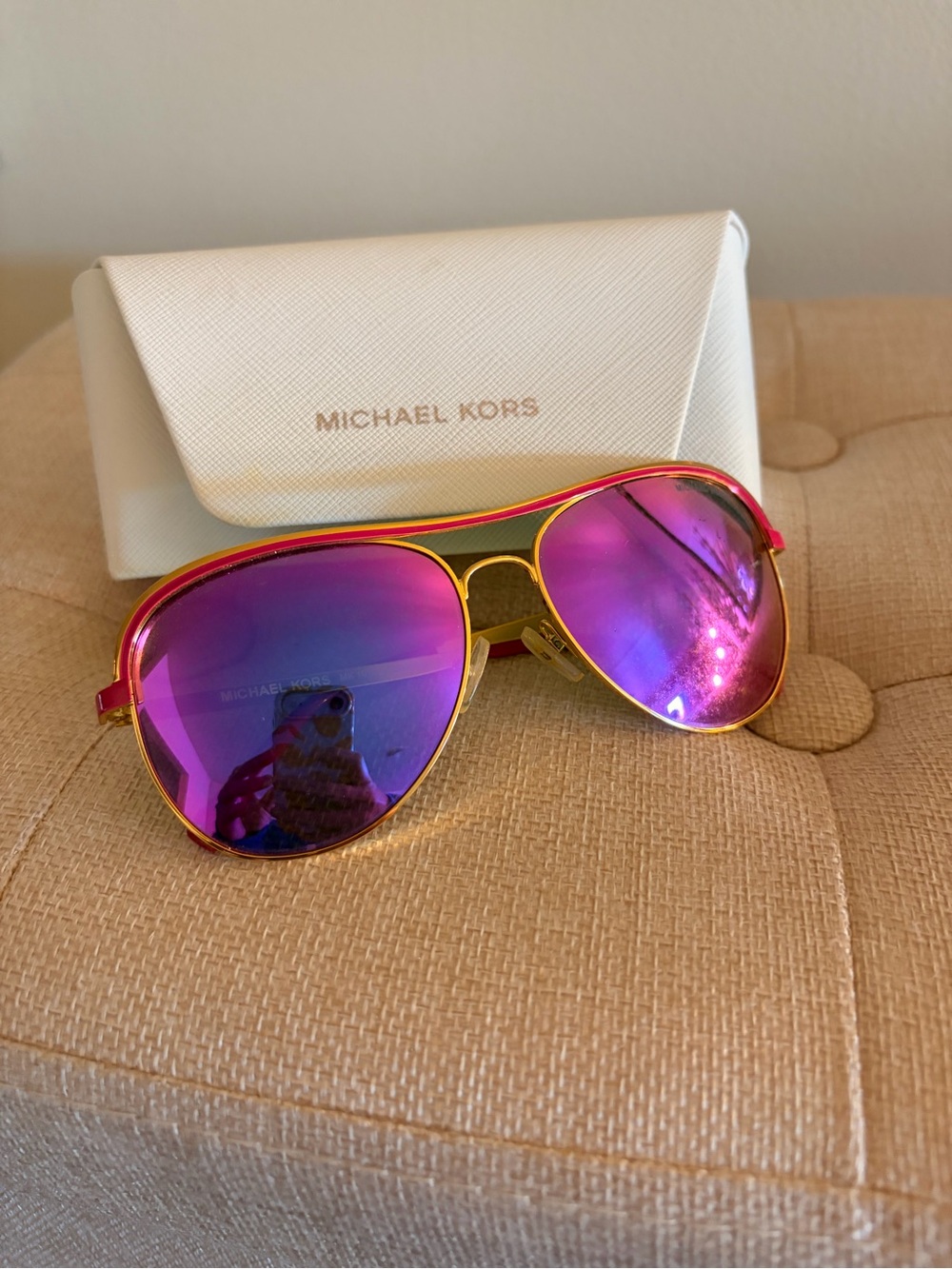 Michael Kors Gold Frame Sunglasses with Pink-Purple Mirrored Lenses